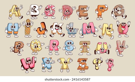 Caricaturas de letras groovy con dibujos animados. Graciosa colección de mascotas ABC retro, letras de dibujos animados de tipografía cómica de burbujas y lindo patrón, pegatinas tipográficas psicodélicas de ilustración vectorial de los años 70