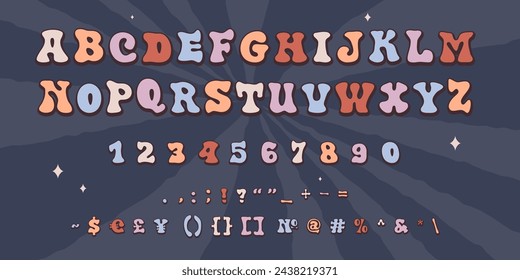 Groovy alphabet letters, numbers and characters. Retro decorative font. Vintage 60s, 70s typographic. English alphabet, Peach Fuzz contrasting color palette