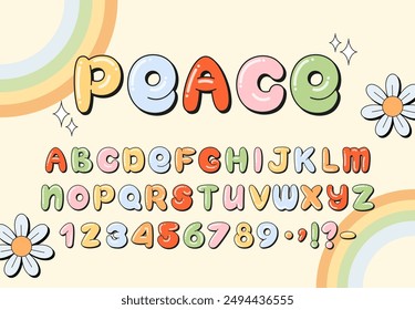 Groovy Alphabet, alfabeto de burbujas de dibujos animados de Antiguas con letras mayúsculas, números y puntuación en colores pastel. Muestra la fuente retro con trazo negro. Perfecto para diseños vintage, carteles y logotipos.