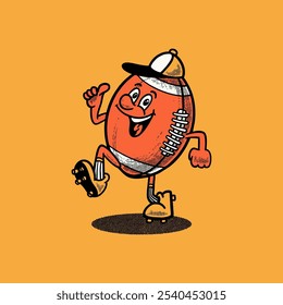 Personaje de pelota deportiva de fútbol americano Groovy en dibujos animados retro. Mascota, Vector, icono, colección, pegatina, vintage, ilustración, conjunto, divertido, logotipo, cómic