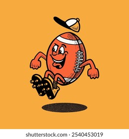 Personaje de pelota deportiva de fútbol americano Groovy en dibujos animados retro. Mascota, Vector, icono, colección, pegatina, vintage, ilustración, conjunto, divertido, logotipo, cómic