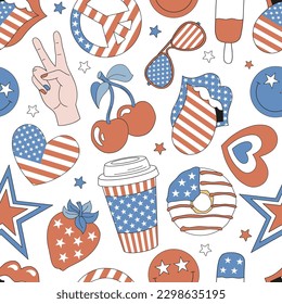 Groovy American star, coffee, peace sign, glasses, cherry, strawberry, lips, donut, ice cream, heart vector seamless pattern. Patriotic USA Independence Day background. 4th of July surface design for