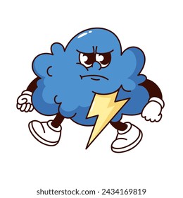 Groovy wütende Wolke Cartoon Figur mit Blitz. Lustige Retro-blaue Sturm Wolken wandern, Gewitter und regnerisches Wetter Maskottchen, Cartoon Regenwolke Aufkleber der 70er 80er Jahre Stil Vektor-Illustration