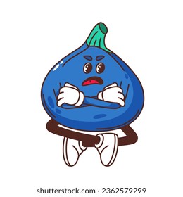 Groovy angry fig character vector illustration. Cartoon isolated Y2K cute unhappy fruit mascot sitting with arms and legs crossed, comic annoyed blue emoji with emotional indignant face and angry pose