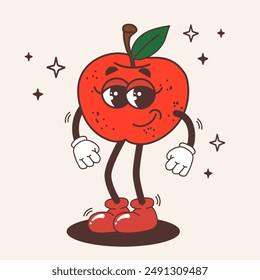 Groovy apple character. Fruit in retro vintage trendy style. Modern illustration with cute comics characters. Funny vector mascot. 60 -70s vibes sticker. 