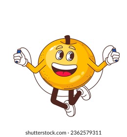 Ilustración vectorial de caracteres de manzana gruesa. Caricatura aislada fruta amarilla cuerda saltar con expresión feliz, emoji de comida del año 2000 con sonrisa en cara graciosa linda, piernas y brazos, divertido salto de emoticono de manzana
