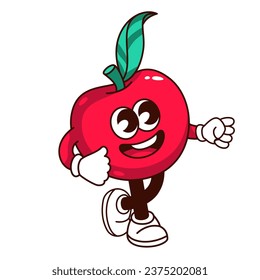 Ilustración vectorial de caracteres de manzana gruesa. Caricatura aislada linda pegatina retro de comida, fruta de verano con expresión divertida en cara feliz y risa, emoji de manzana roja divertida con brazos y piernas, hoja verde