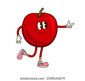 Personaje de fruta de manzana groovy en dibujos animados retro con cara funky y sonrisa estrafalaria, emoji de Vector. Fruta de manzana roja Groovy con sonrisa cómica y gesto extraño para emoji o emoticono de arte de dibujos animados retro de los años 70