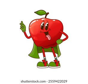 Groovy apple fruit Halloween wizard character. Ripe red apple funny cartoon vector character, isolated farm sweet fruit cheerful sorcerer or cute wizard groovy personage in cape, showing ok gesture