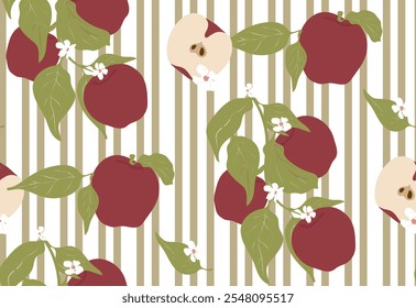 Groovy apple fruits seamless pattern. Cute hand drawn apples and leaves on lined background. Vector illustration.