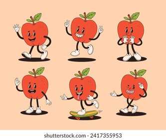 Groovy apple mascot in different poses. Funky retro apple character. Set of cartoon apples, smiling, walking, apple on skateboard, showing heart with hands.