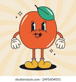 Groovy apple on a beige background with rays. Vector illustration.