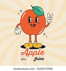 Groovy apple on beige background with rays and text. Design template. Vector illustration.