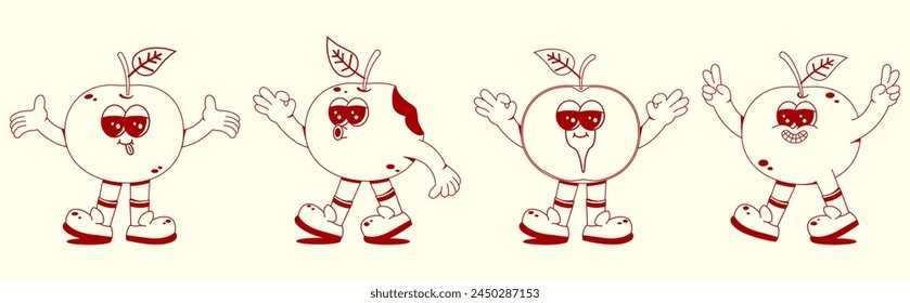 Groovy apple set. Funny vintage character in trendy retro linear style. Doodle Comic collection.