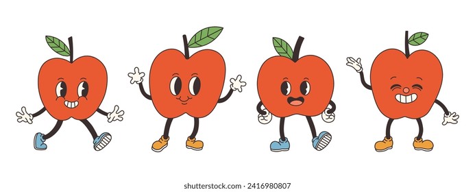 Groovy apple set. Hand draw Funny Retro vintage trendy style apple cartoon character. Doodle Comic collection