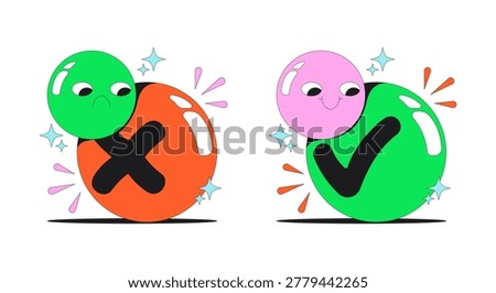 Groovy approval and rejection modern flash message illustration set. Funky cross mark. Checkmark emoji. Error success UI states. Done failure web design. Mobile onboarding. Micro UX scenes pack