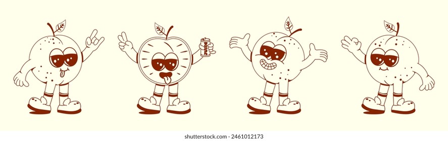 Groovy apricot set. Funny vintage character in trendy retro linear style. Doodle Comic collection.