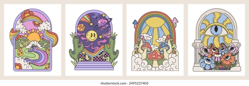 Groovy arches with a retro vibe, psychedelic trippy, retro elements, rainbows, planets, mushrooms, an all-seeing eye. Groovy vibe posters, Landscapes, trippy, hipster, freedom, 90s, y2k. Vector