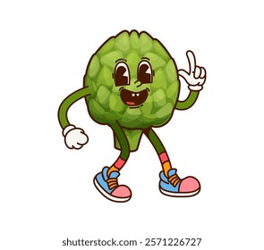 Groovy artichoke vegetable character on fitness or sport, vector retro cartoon comic. Groovy artichoke with funny face in sport shoes on workout training or fitness exercise and healthy lifestyle