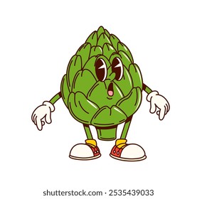 Groovy artichoke vegetable retro character with funny face, vector comic cartoon. Groovy artichoke with surprised face or astonished emotion for cheerful cute vegetable emoji in retro cartoon