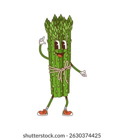 Groovy aspargos vegetal personagem de desenho animado com cara engraçada, personagem vetorial. Groovy pacote de espargos em desenho animado retro com sorriso feliz e gesto de vibração legal para emoji vegetariano ou personagem vegetal