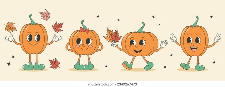 Groovy autumn fall set. Cute retro pumpkin stickers.