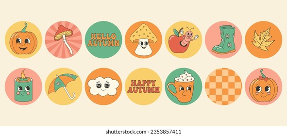 Groovy autumn fall sticker collection with autumn elements. Cartoon characters in trendy retro style, comic mascot characters.	