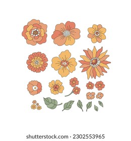 Groovy autumn flowers vector clip-art set isolated on white. Retro hippie fall florals hand drawn illustration collection. Happy Thanksgiving Day design elements