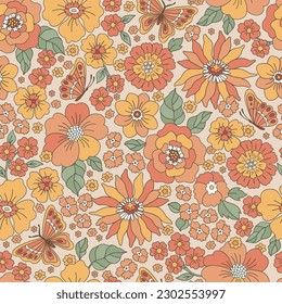 Groovy autumn flowers vector seamless pattern. Retro hippie fall florals background. Autumn garden surface design for textile, scrapbook, card making 