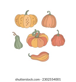 Groovy autumn pumpkin vector clip-art set isolated on white. Fall gourd hand drawn illustration collection. Happy Thanksgiving Day design elements