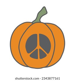 Groovy autumn pumpkin vector illustration. Hand drawn cute fall vegetable with carved peace symbol. Trendy hippie nostalgic design, psychedelic Halloween print isolated on white background