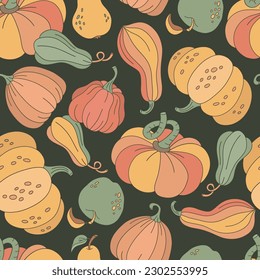 Groovy autumn pumpkin vector seamless pattern. Retro Thanksgiving day background. Autumn fall surface design for textile, scrapbook, card making 