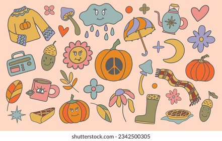 Groovy autumn vector set. Trendy positive hippie fall illustration. Hand drawn retro cloud, flower with eyes and smile, mushroom, pumpkin, hippy sweater on muted pink background. Nostalgic 70s vibes