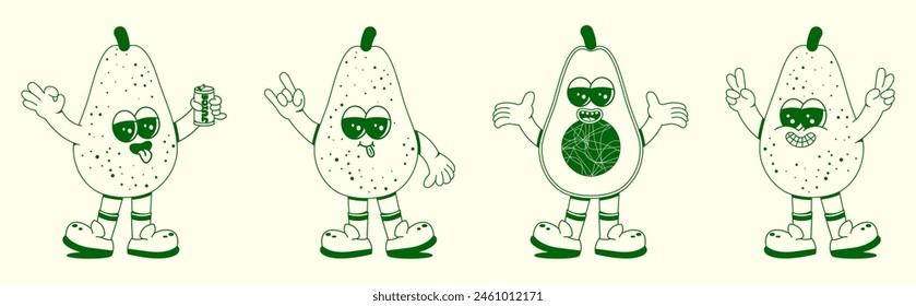 Groovy avocado set. Funny vintage character in trendy retro linear style. Doodle Comic collection.