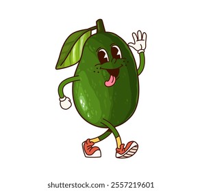 Groovy avocado vegetable character. Isolated cartoon vector tropical fruit personage with sticking tongue, sneakers and cheerful face, waving hand and representing relaxed, fun and playful retro vibes