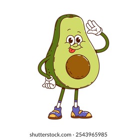 Groovy avocado vegetable cheerful character. Vegetarian food fresh avocado vegetable cheerful comic vector character, agriculture harvest or farming market ripe veggie groovy isolated personage