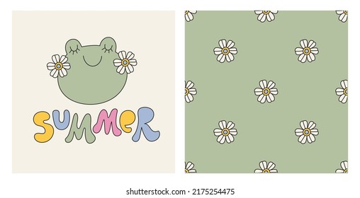 Groovy baby animals - vector print. Hippie flower, frog - retro textile print. Vintage seamless pattern