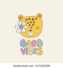 Groovy baby animals - vector print. Hippie flower, leopard - retro textile print. 