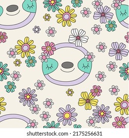 Groovy baby animals - vector print. Hippie flower, sloth - retro textile seamless pattern