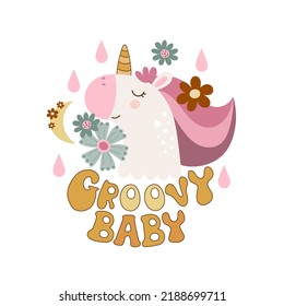 Groovy baby. Cartoon unicorn, flowers, hand drawing lettering, décor elements. colorful vector illustration, retro style. design for cards, print, posters, logo, cover