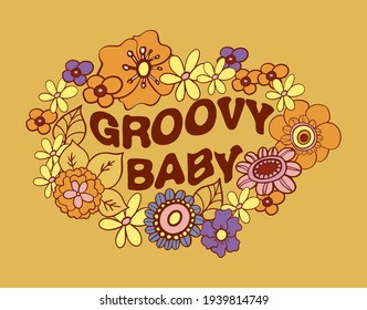 groovy baby, lettering print on a t-shirt in the style of 70 with flowers