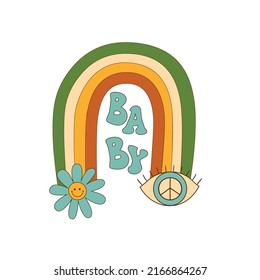 Groovy Baby Retro groovy rainbow with flower, eye, hippie peace isolated element. Retro 70s vector design. Baby shower decorative illustration. Seventies hippie symbol. Vintage retro symbol.