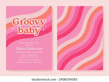 Groovy baby shower 70s invitation with colorful stripes in retro style. Pink card template for girls. Vector illustration