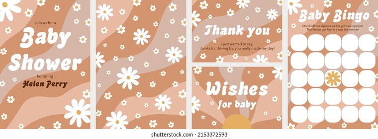 Groovy Baby Shower cards set. Retro 70s Baby Shower party invitation, game, thank you card. Retro 70s newborn psychedelic posters