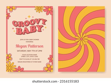 Plantilla de invitación a la ducha de bebé Groovy en estilo retro de los años 70. Carta de invitación con flores. Ilustración del vector