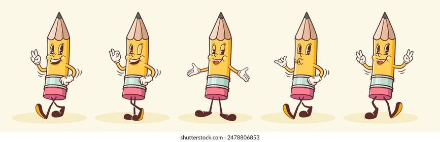 Groovy Back to School Retro Characters Set. Cartoon Pencil Walking and Smiling. Vector Education Mascot Templates Collection. Happy Vintage Cool Learning Personage Illustrations. Isolated