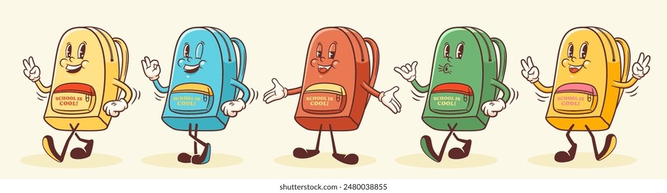 Groovy Back to School Retro Characters Set. Cartoon Backpack Walking and Smiling. Vector Education Mascot Templates Collection. Happy Vintage Cool Learning Personage Illustrations. Isolated