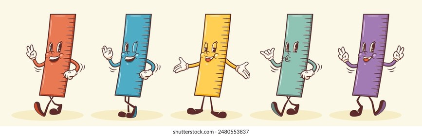 Groovy Back to School Retro Characters Set. Cartoon Ruler Walking and Smiling. Vector Education Mascot Templates Collection. Happy Vintage Cool Learning Personage Illustrations. Isolated