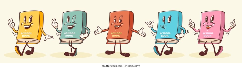 Groovy Back to School Retro Characters Set. Cartoon Book Walking and Smiling. Vector Education Mascot Templates Collection. Happy Vintage Cool Learning Personage Illustrations. Isolated