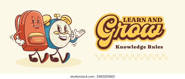 Groovy Back to School Retro Characters Banner. Cartoon Alarm Clock and Backpack. Vector Education Mascot Templates. Happy Vintage Cool Learning Personage Illustrations. Isolated